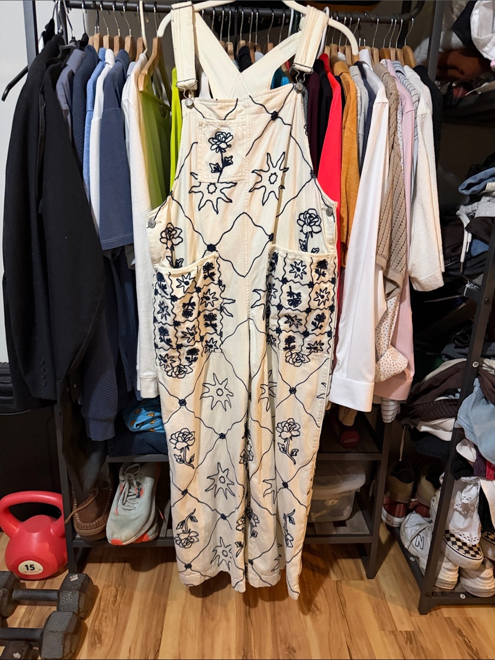 Free People Cream Overalls with Navy Embroidered Floral Pattern